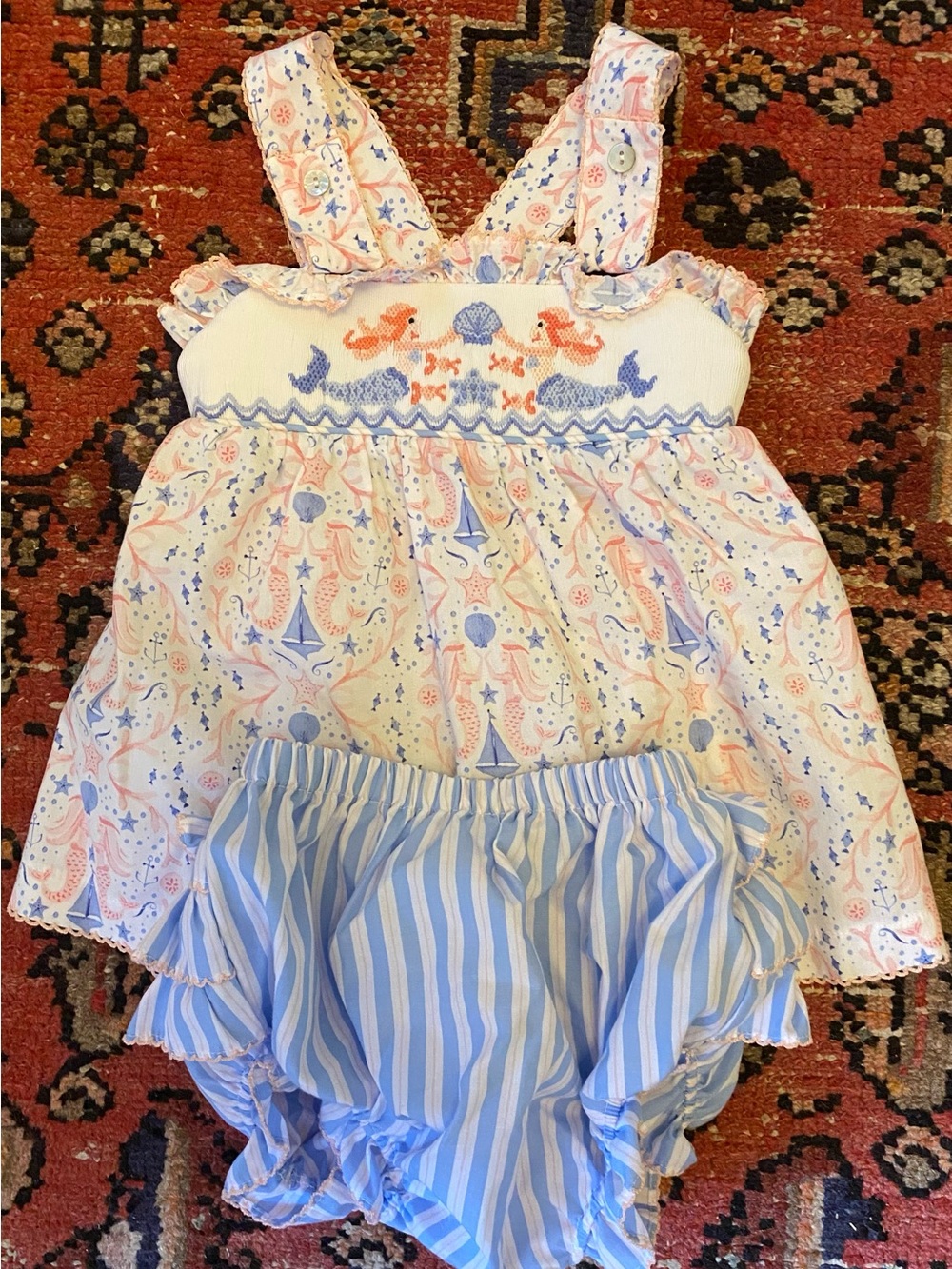 Blue & Pink smocked mermaid bloomer set